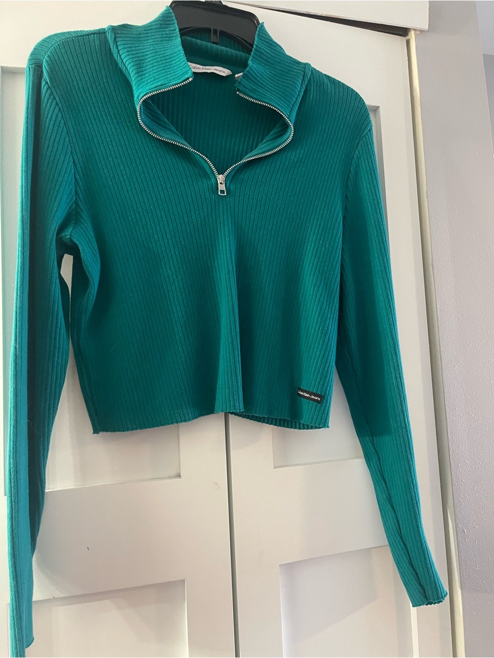 Calvin Klein Jeans Teal Ribbed Half-Zip Cropped Top
